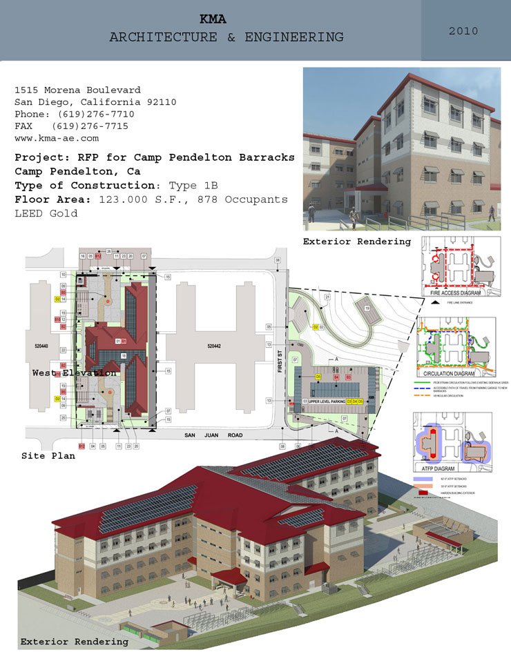 RFP for Camp Pendelton Barracks - site plan, exterior rendering