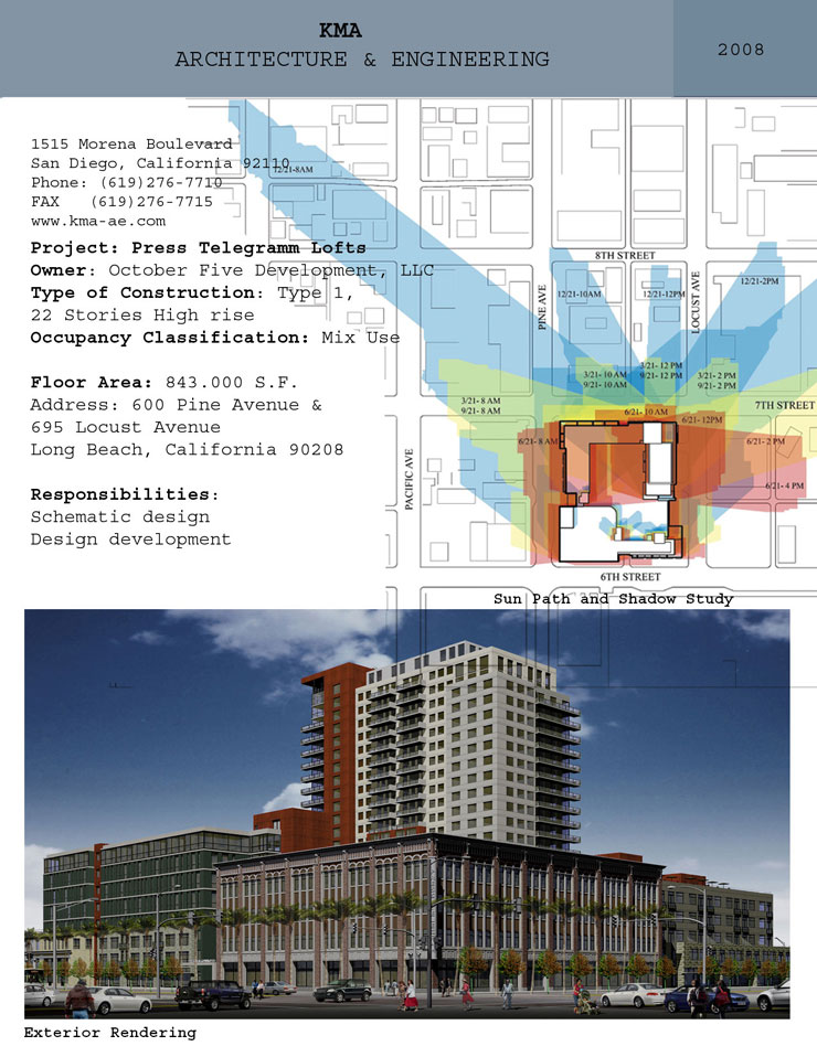Press Telegram Lofts - sun path and shadow study, exterior rendering